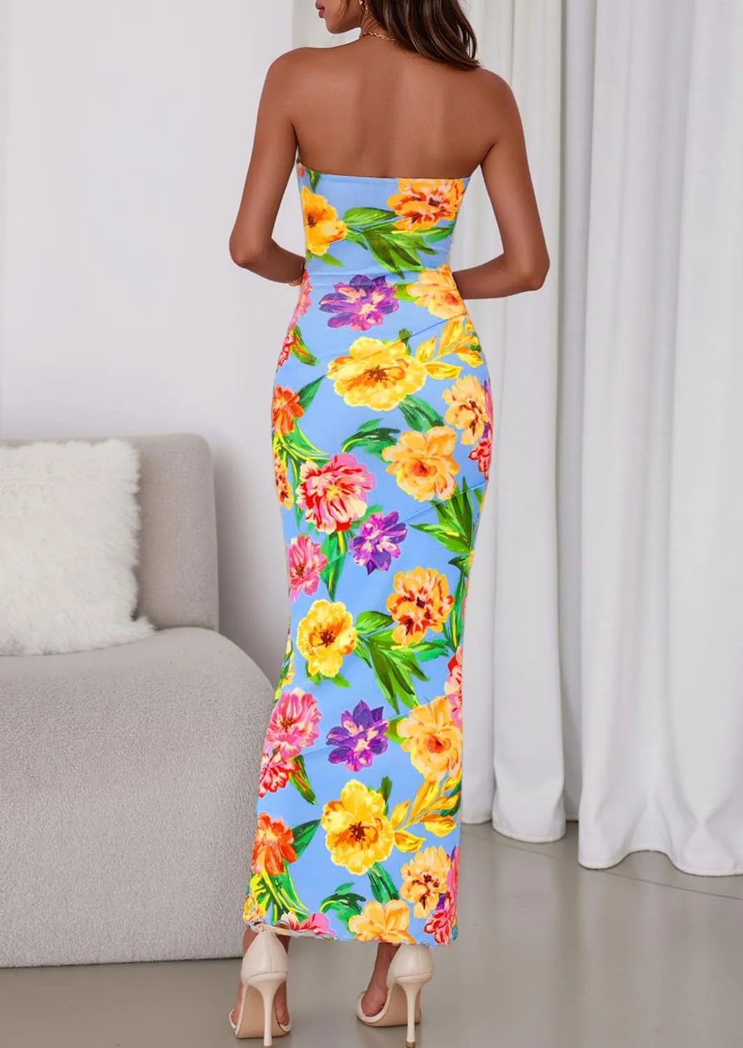 PRETTYGARDEN Women's 2025 Summer Floral Bodycon Maxi Dresses Ribbed Strapless Tube Casual Boho Party Long Dress