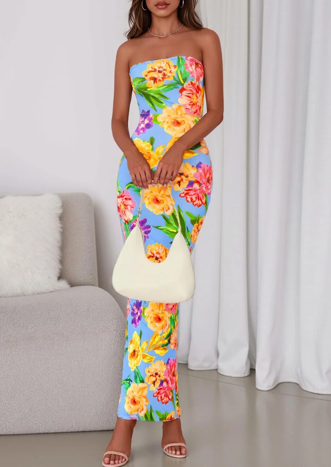 PRETTYGARDEN Women's 2025 Summer Floral Bodycon Maxi Dresses Ribbed Strapless Tube Casual Boho Party Long Dress