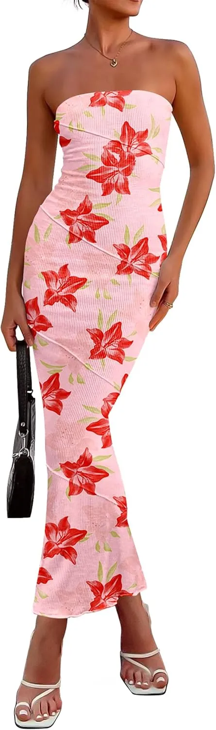 PRETTYGARDEN Women's 2025 Summer Floral Bodycon Maxi Dresses Ribbed Strapless Tube Casual Boho Party Long Dress