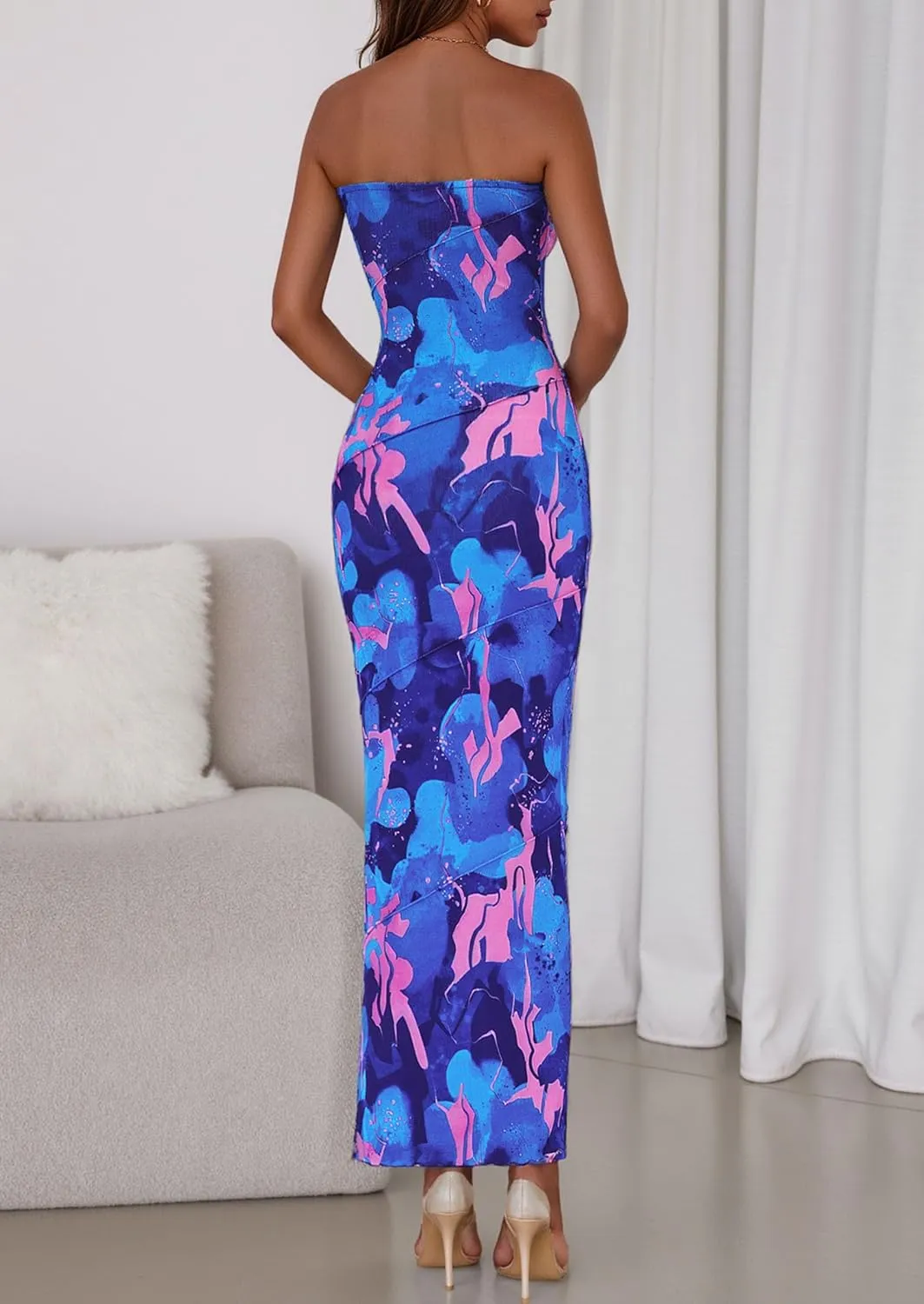 PRETTYGARDEN Women's 2025 Summer Floral Bodycon Maxi Dresses Ribbed Strapless Tube Casual Boho Party Long Dress