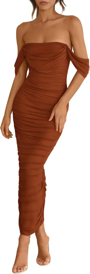 PRETTYGARDEN Womens 2025 Summer Off The Shoulder Dress Ruched Bodycon Sleeveless Split Cocktail Party Maxi Dresses