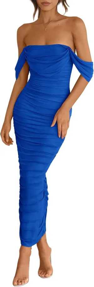 PRETTYGARDEN Womens 2025 Summer Off The Shoulder Dress Ruched Bodycon Sleeveless Split Cocktail Party Maxi Dresses