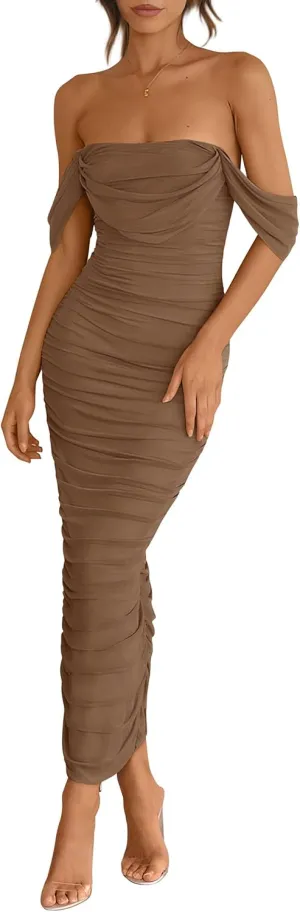 PRETTYGARDEN Womens 2025 Summer Off The Shoulder Dress Ruched Bodycon Sleeveless Split Cocktail Party Maxi Dresses
