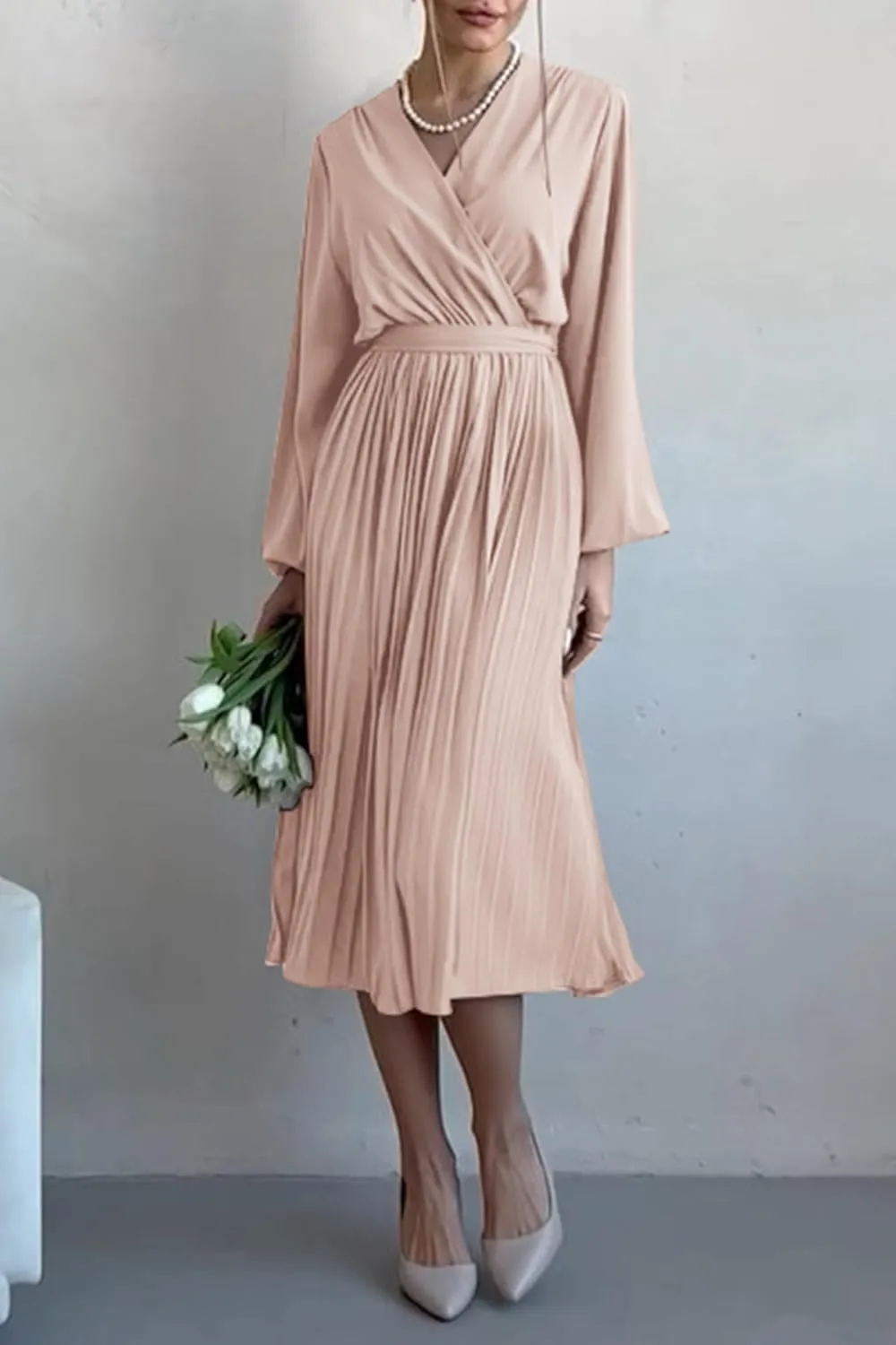 PRETTYGARDEN Women's Spring Midi Dress Long Puff Sleeve Wrap V Neck Flowy Ruffle Pleated Casual Fall Dresses