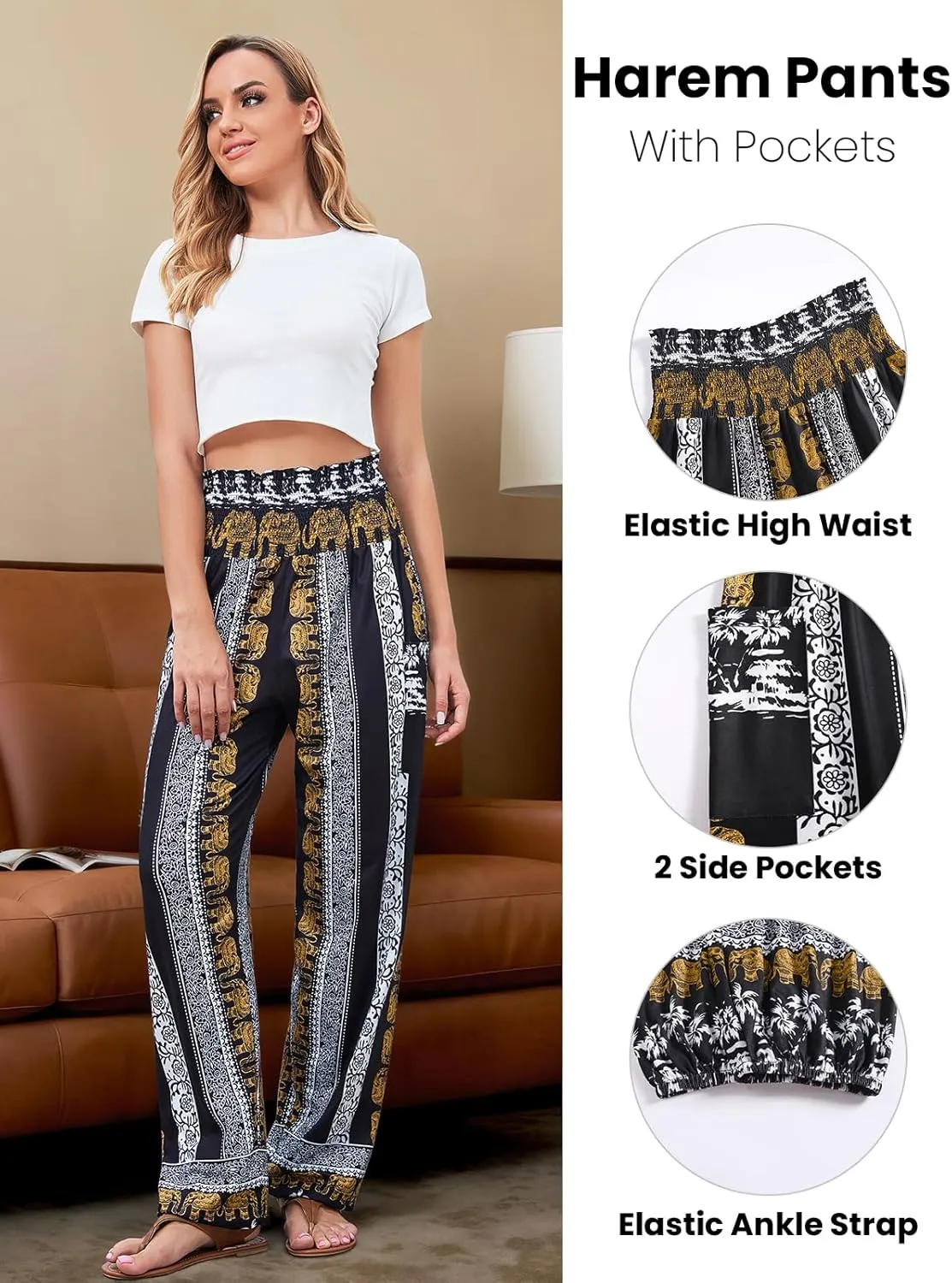 QIANXIZHAN Women's Harem Pants, High Waist Yoga Boho Trousers with Pockets