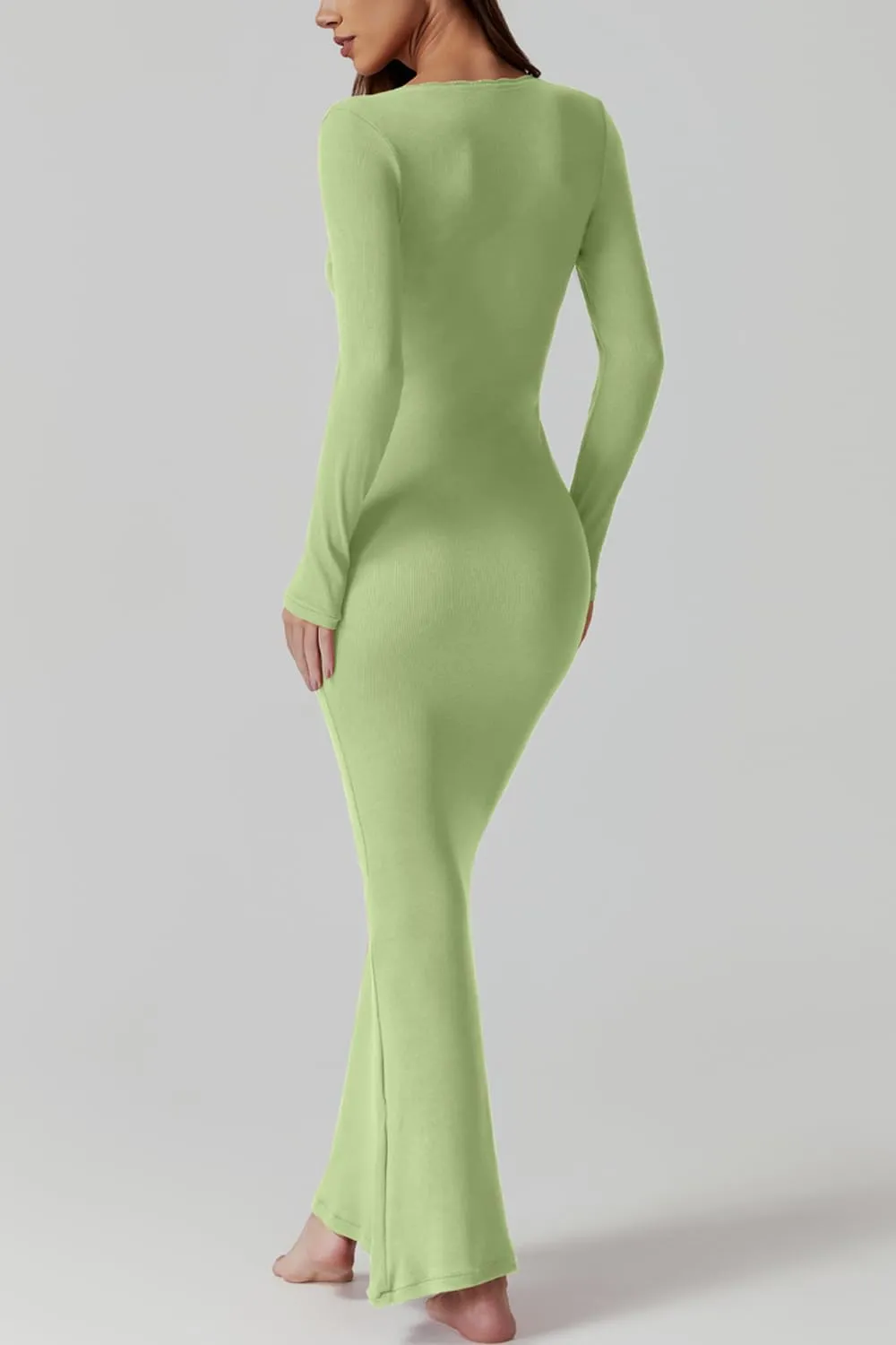 QINSEN Women's Ribbed Knit Long Sleeve Scoop Neck Maxi Dress with Lace Details Bodycon Dress