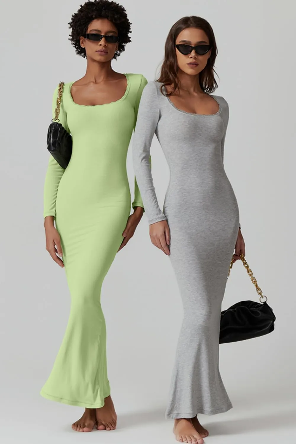 QINSEN Women's Ribbed Knit Long Sleeve Scoop Neck Maxi Dress with Lace Details Bodycon Dress