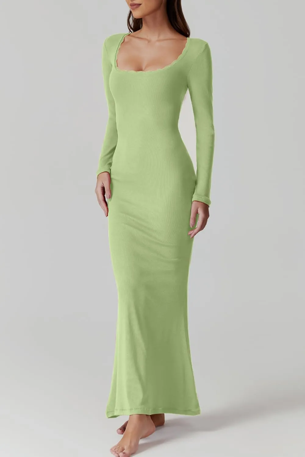 QINSEN Women's Ribbed Knit Long Sleeve Scoop Neck Maxi Dress with Lace Details Bodycon Dress