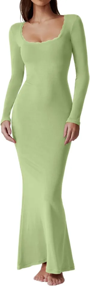QINSEN Women's Ribbed Knit Long Sleeve Scoop Neck Maxi Dress with Lace Details Bodycon Dress