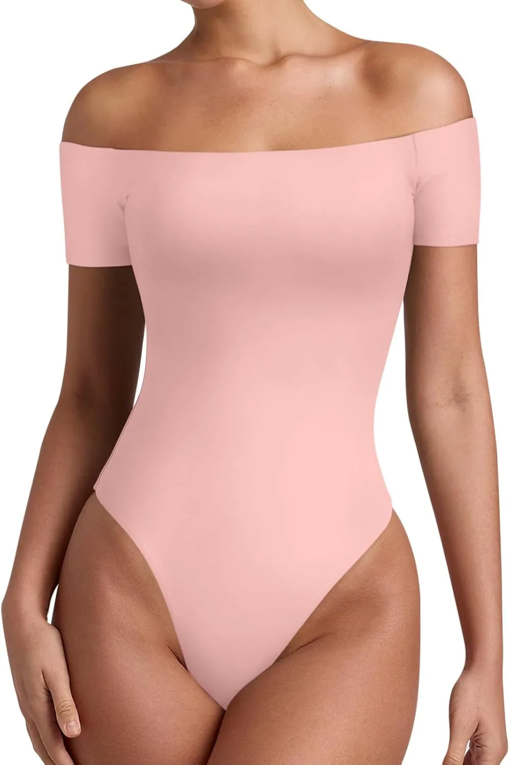 REORIA Women Sexy Off The Shoulder Short Sleeve Backless Basic Double Lined Thong Bodysuit Tops