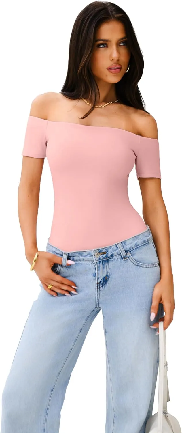 REORIA Women Sexy Off The Shoulder Short Sleeve Backless Basic Double Lined Thong Bodysuit Tops