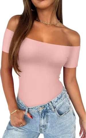REORIA Women Sexy Off The Shoulder Short Sleeve Backless Basic Double Lined Thong Bodysuit Tops