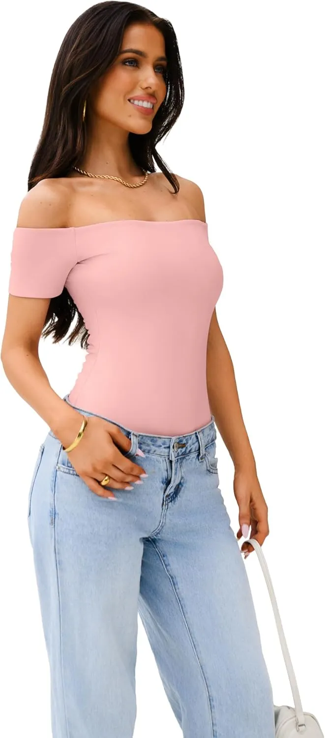 REORIA Women Sexy Off The Shoulder Short Sleeve Backless Basic Double Lined Thong Bodysuit Tops