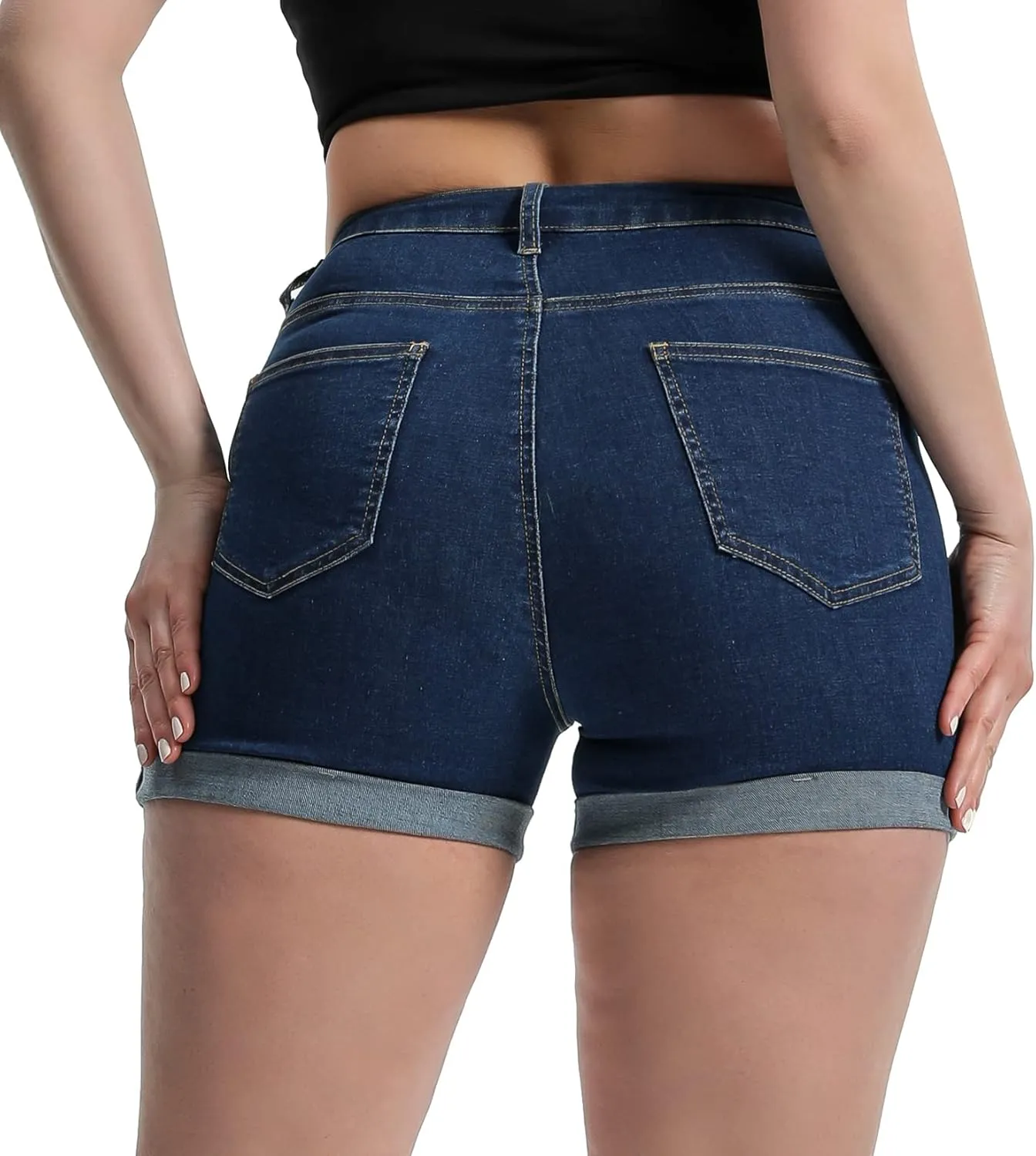 Romastory Women's High Waisted Summer Elastic Jean Shorts Folded Hem Hot Denim Shorts for Women