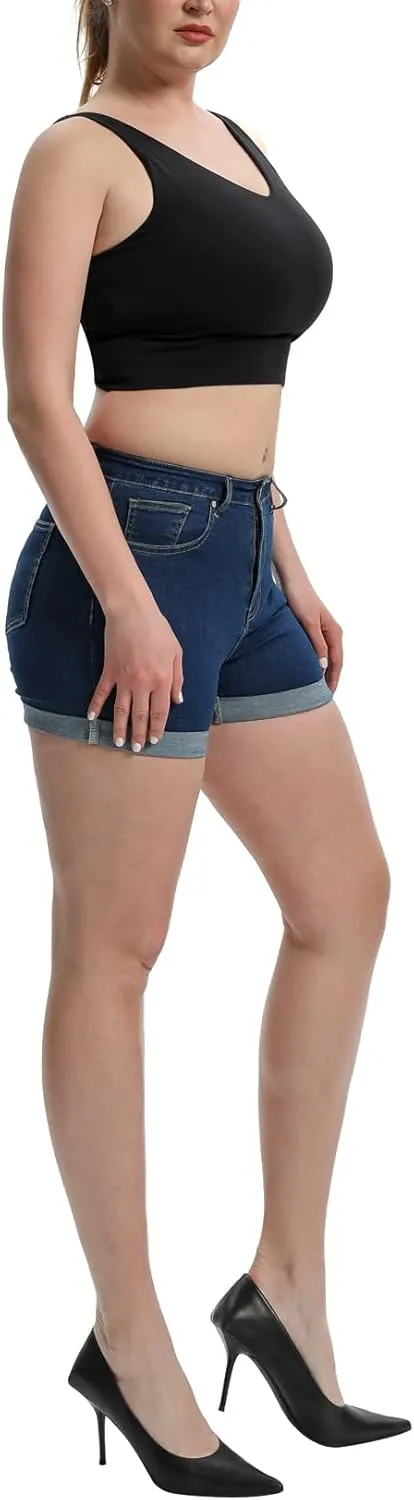 Romastory Women's High Waisted Summer Elastic Jean Shorts Folded Hem Hot Denim Shorts for Women