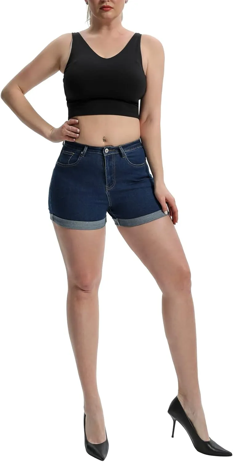 Romastory Women's High Waisted Summer Elastic Jean Shorts Folded Hem Hot Denim Shorts for Women