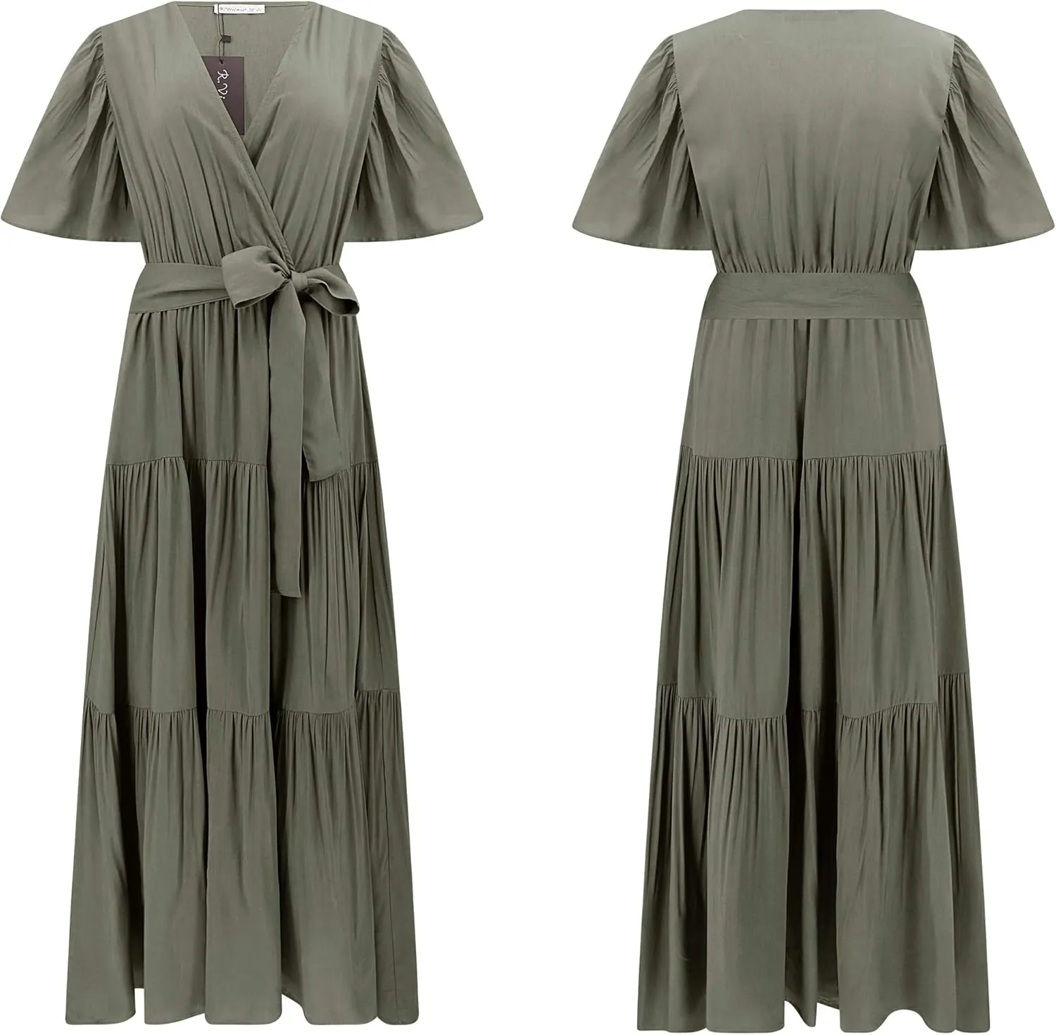 R.Vivimos Summer Dress for Women Cotton Ruffle Short Sleeves V Neck Casual Flowy Midi Dress with Belt
