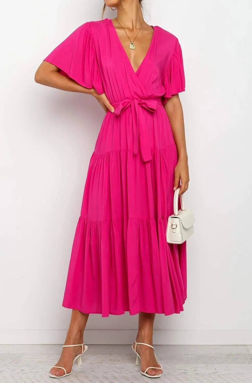 R.Vivimos Summer Dress for Women Cotton Ruffle Short Sleeves V Neck Casual Flowy Midi Dress with Belt