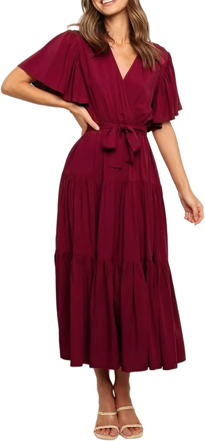 R.Vivimos Summer Dress for Women Cotton Ruffle Short Sleeves V Neck Casual Flowy Midi Dress with Belt