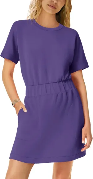 SENSERISE Womens Short Sleeve T Shirt Dresses Crew Neck Solid Color Basic Smocked Waist Dress with Pockets