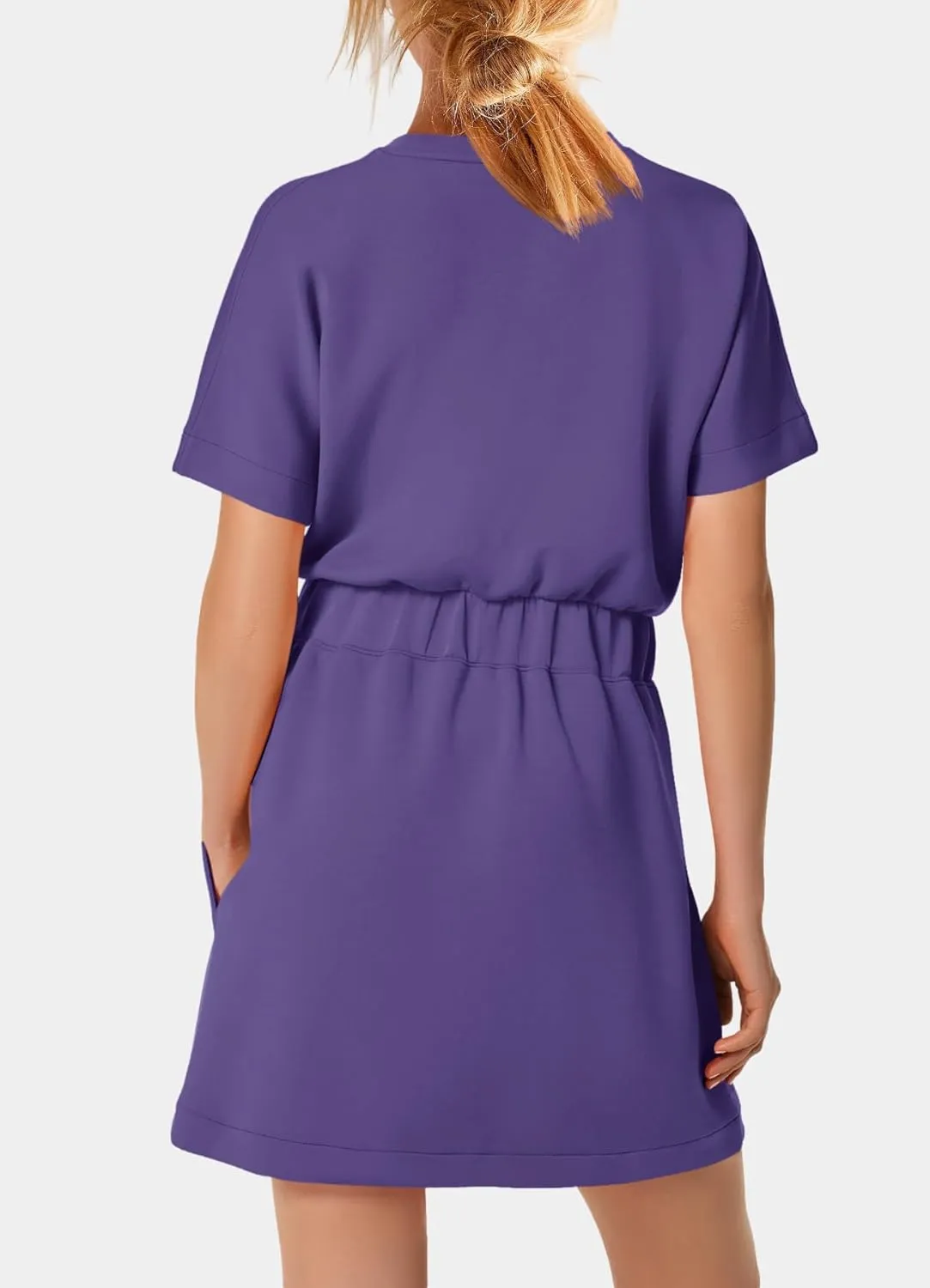 SENSERISE Womens Short Sleeve T Shirt Dresses Crew Neck Solid Color Basic Smocked Waist Dress with Pockets
