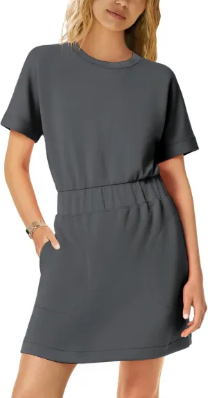 SENSERISE Womens Short Sleeve T Shirt Dresses Crew Neck Solid Color Basic Smocked Waist Dress with Pockets