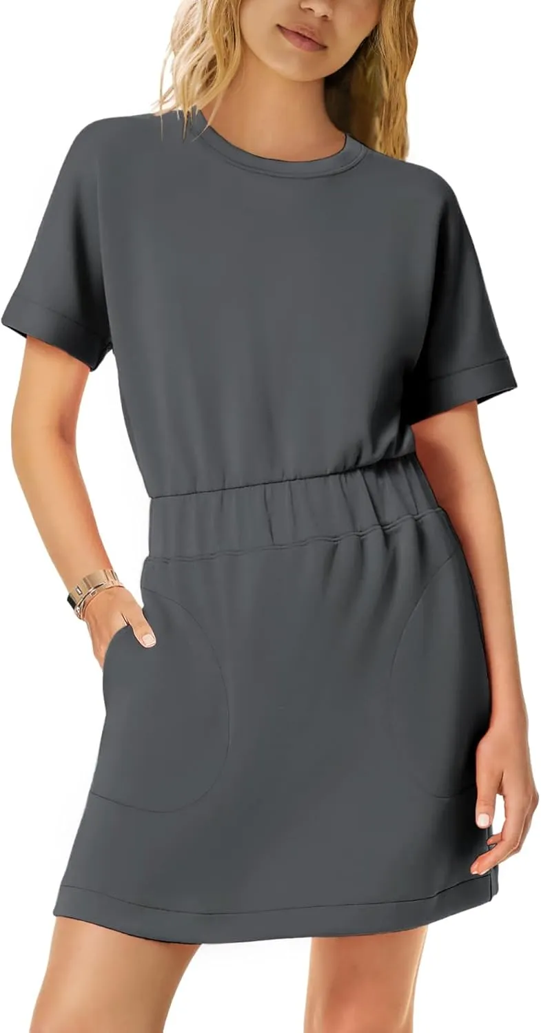 SENSERISE Womens Short Sleeve T Shirt Dresses Crew Neck Solid Color Basic Smocked Waist Dress with Pockets