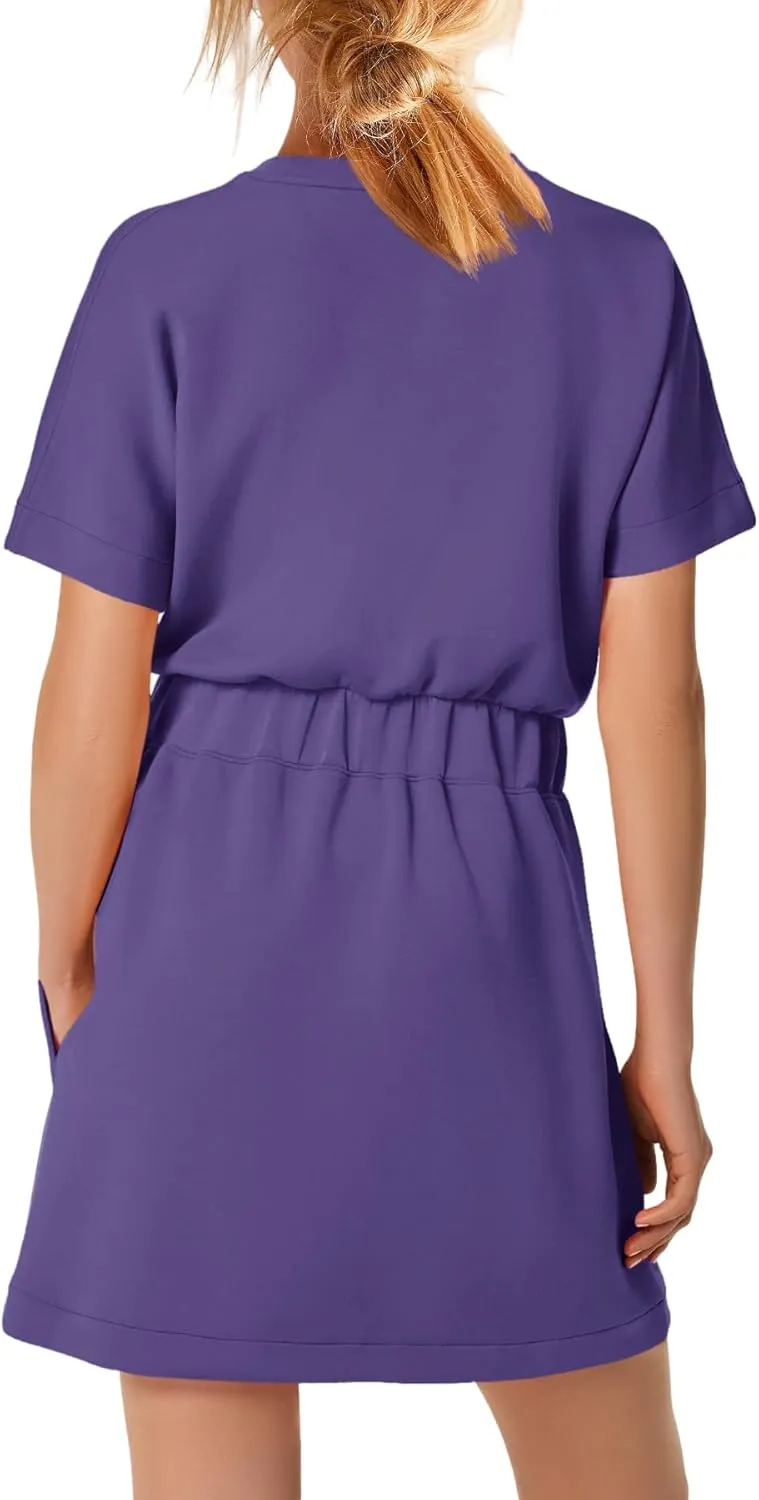 SENSERISE Womens Short Sleeve T Shirt Dresses Crew Neck Solid Color Basic Smocked Waist Dress with Pockets