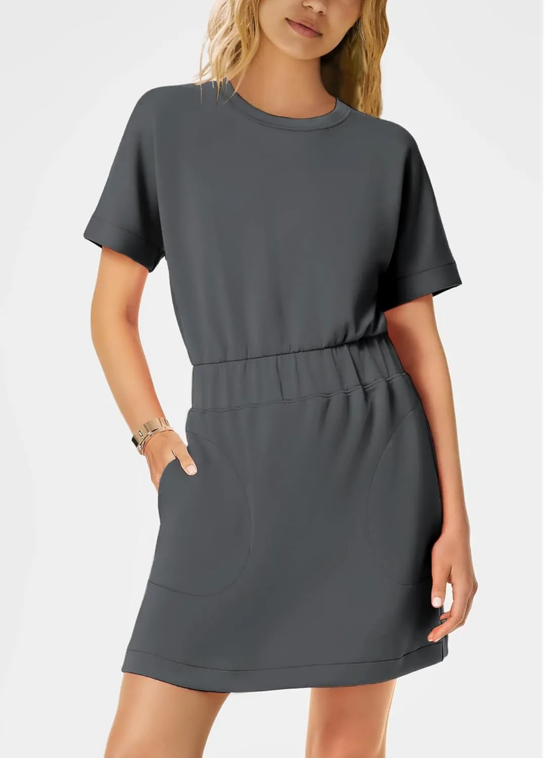 SENSERISE Womens Short Sleeve T Shirt Dresses Crew Neck Solid Color Basic Smocked Waist Dress with Pockets