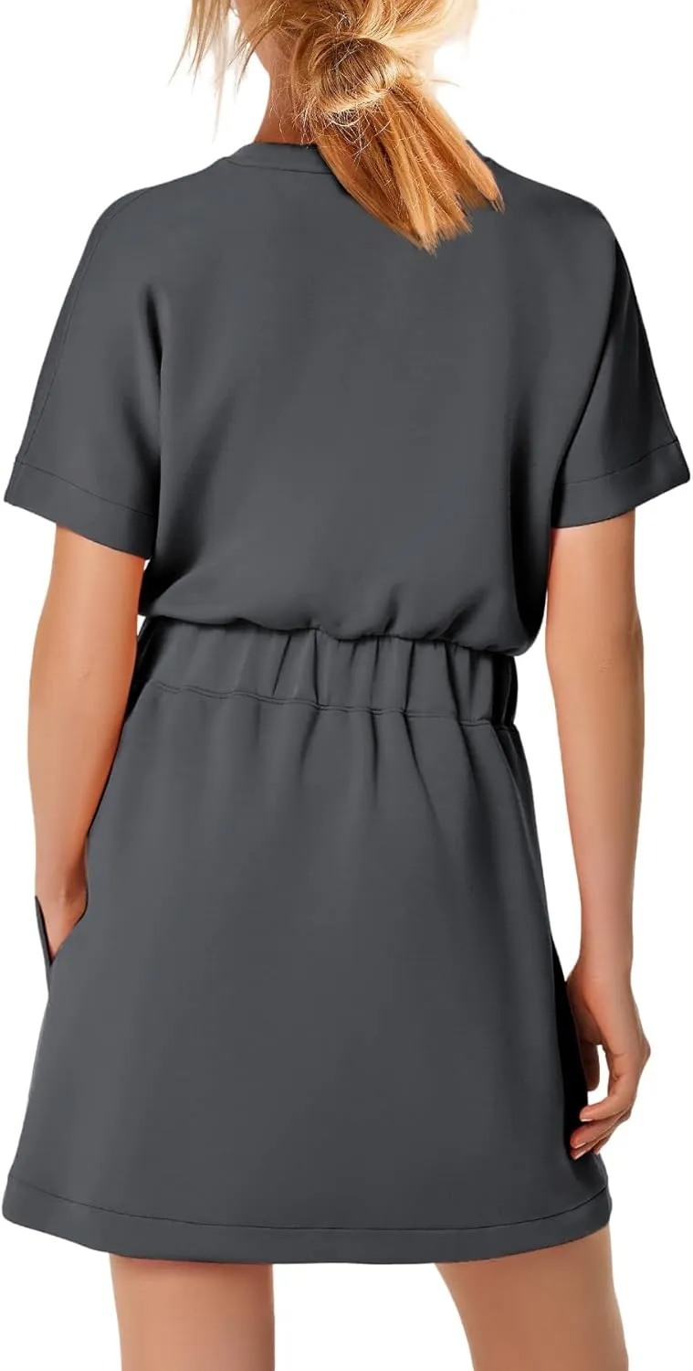SENSERISE Womens Short Sleeve T Shirt Dresses Crew Neck Solid Color Basic Smocked Waist Dress with Pockets