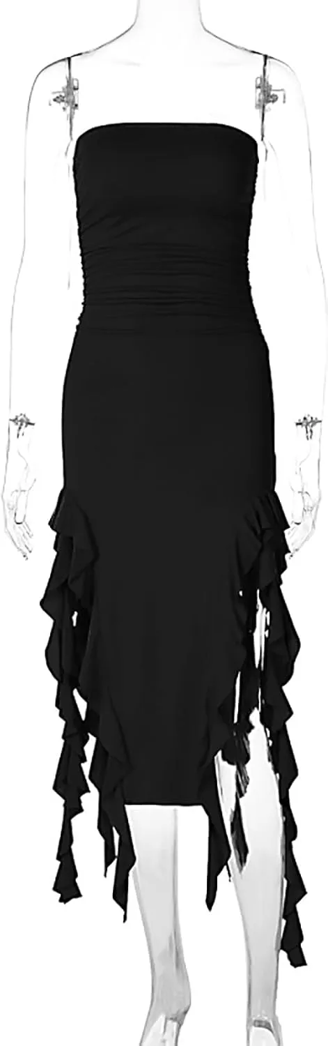 Sexy Dresses for Women Off The Shoulder Bodycon Ruffle Dress Split Thigh Tube Top Dress