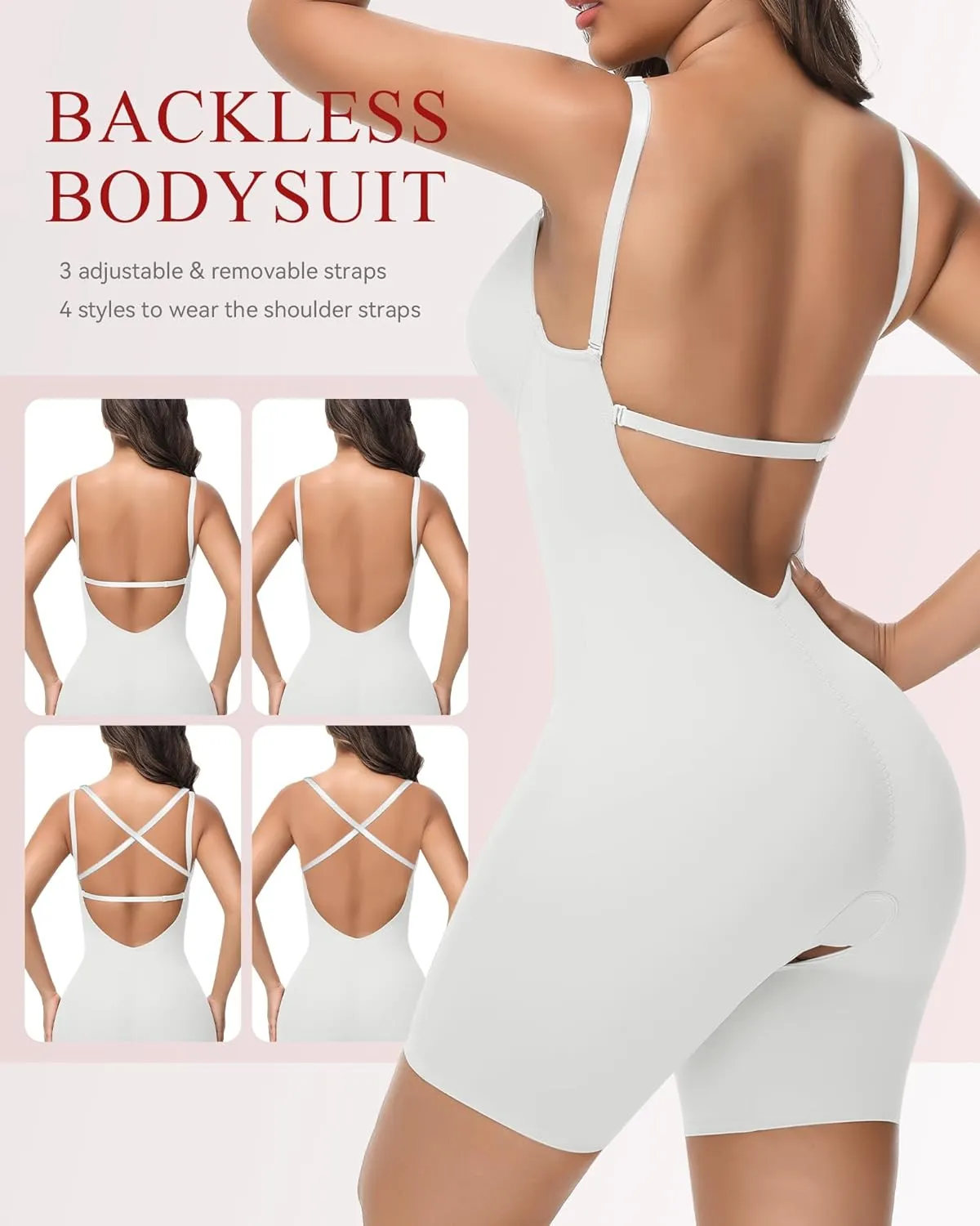 SHAPSHE Backless Shapewear Strapless Deep U Plunge Bodysuit for Women Built In Bra Tummy Control Low Back Body Shaper