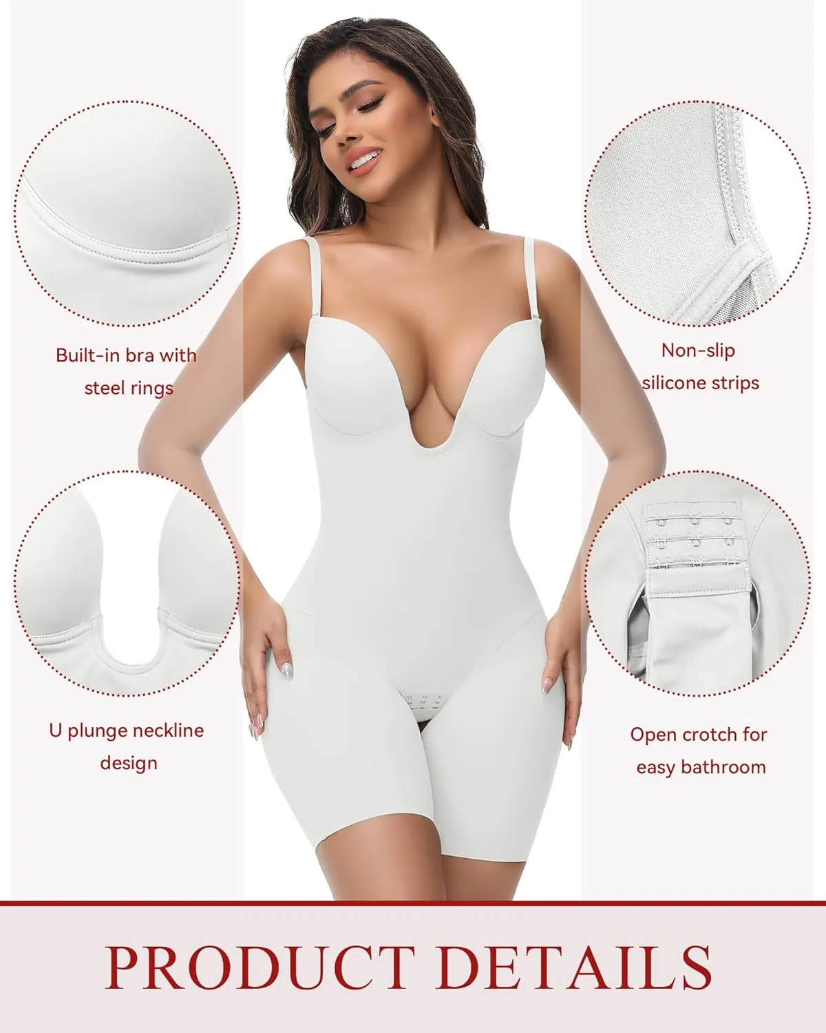 SHAPSHE Backless Shapewear Strapless Deep U Plunge Bodysuit for Women Built In Bra Tummy Control Low Back Body Shaper