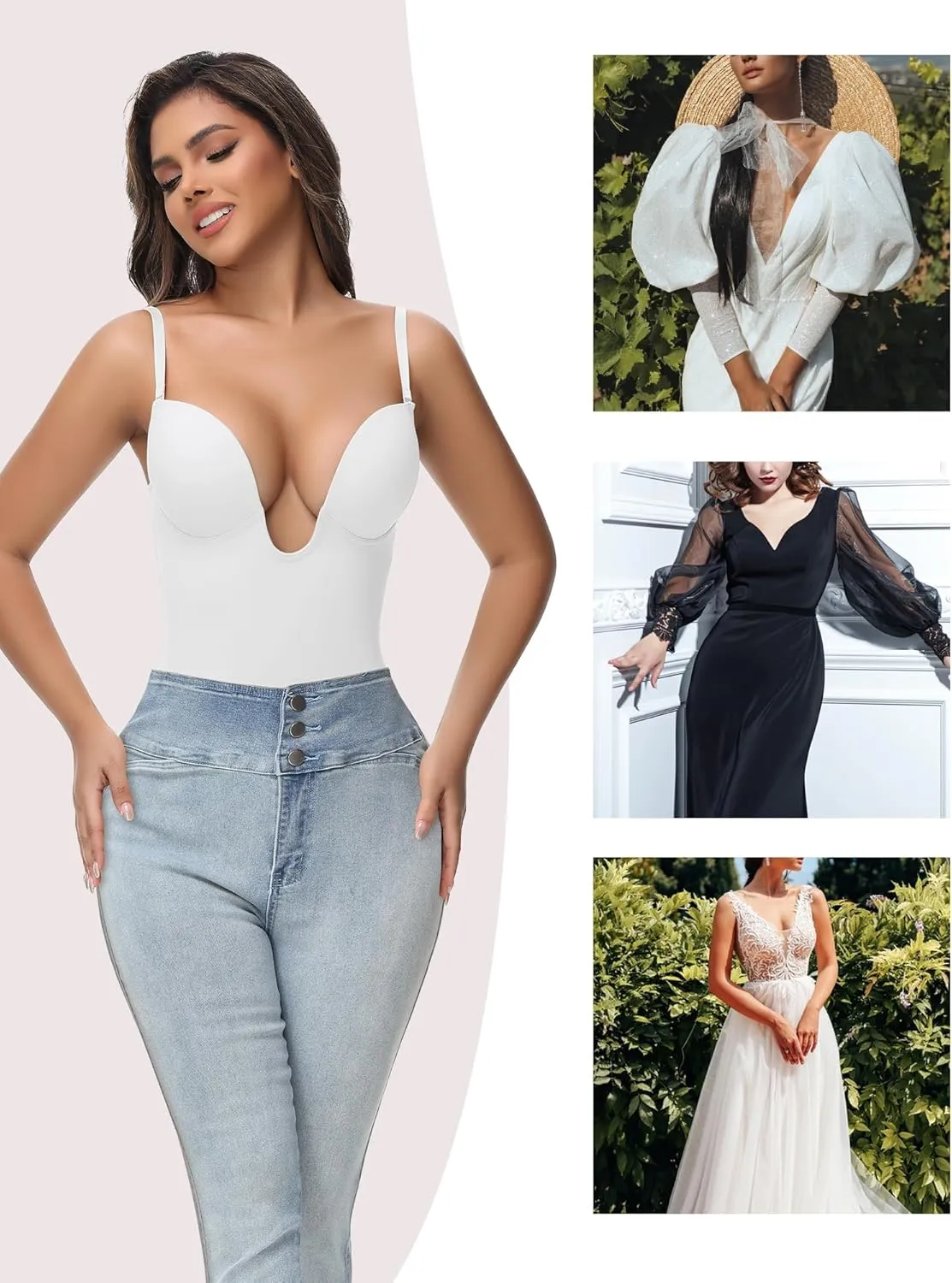 SHAPSHE Backless Shapewear Strapless Deep U Plunge Bodysuit for Women Built In Bra Tummy Control Low Back Body Shaper