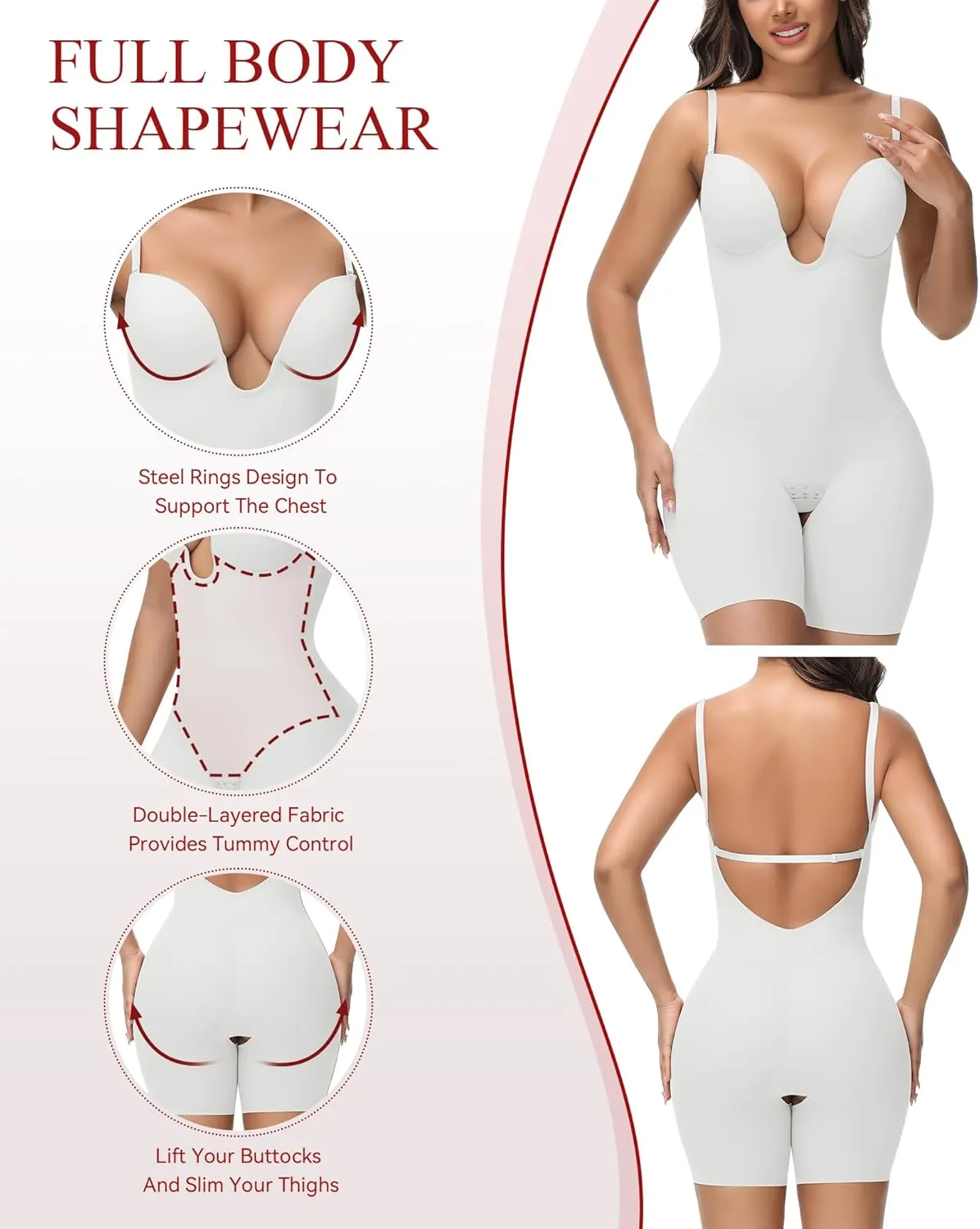 SHAPSHE Backless Shapewear Strapless Deep U Plunge Bodysuit for Women Built In Bra Tummy Control Low Back Body Shaper