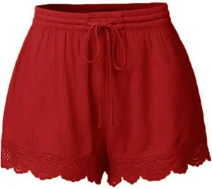 Shorts for Women Casual Stretch Lace Trim Hem Print Summer Beach Short Plus Size Elastic Waist Yoga Dress Shorts