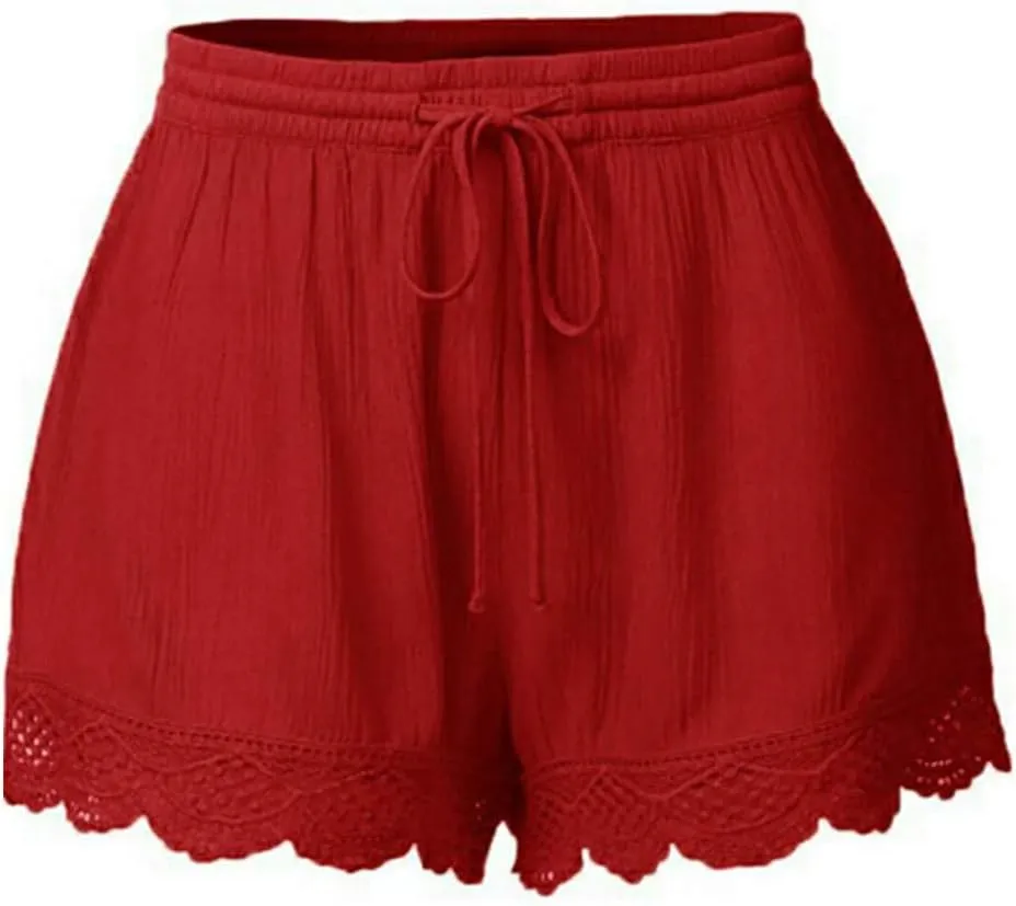 Shorts for Women Casual Stretch Lace Trim Hem Print Summer Beach Short Plus Size Elastic Waist Yoga Dress Shorts