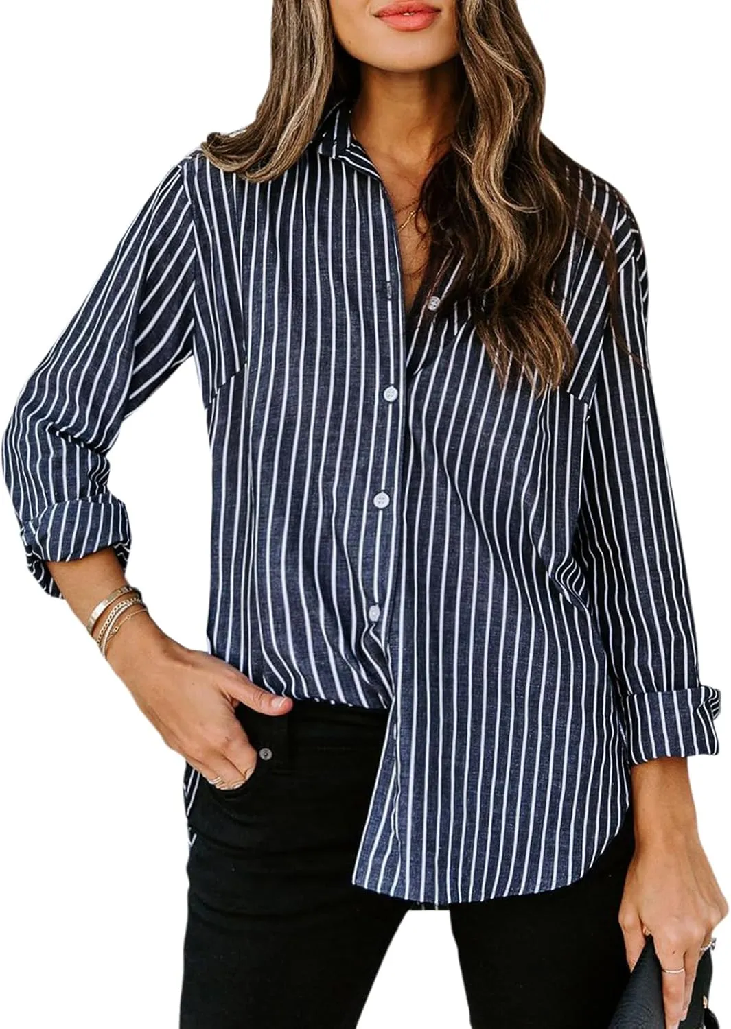 siliteelon Womens Button Down Shirts Cotton Striped Dress Shirt Long Sleeve Collared Office Work Blouses Tops