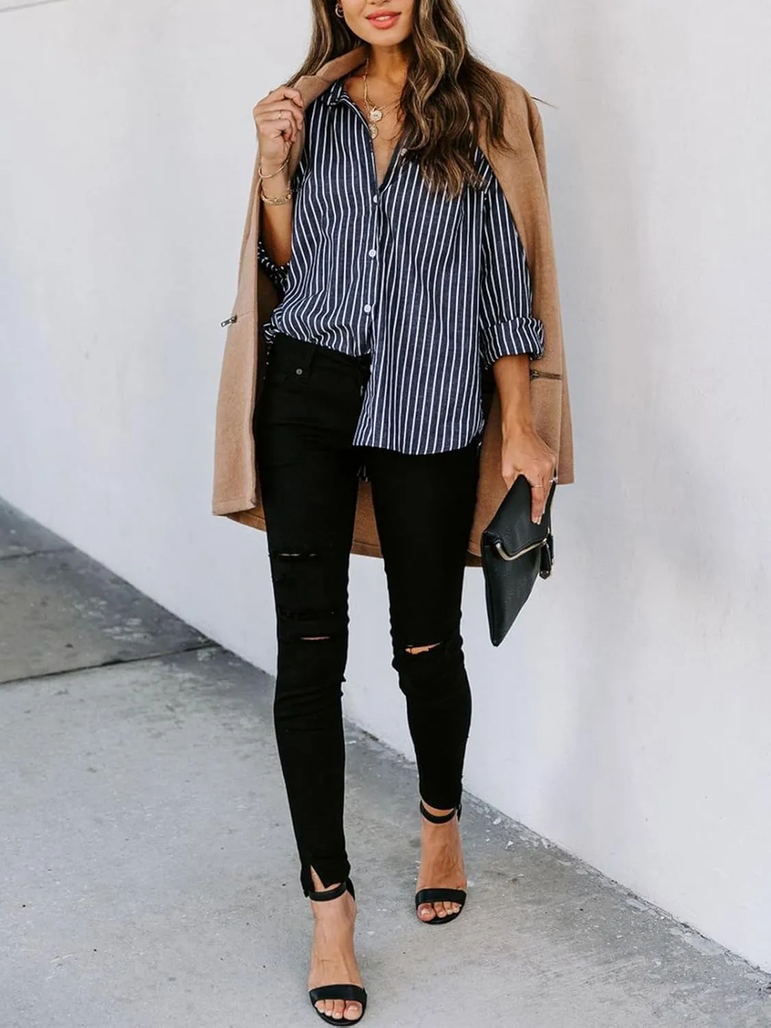 siliteelon Womens Button Down Shirts Cotton Striped Dress Shirt Long Sleeve Collared Office Work Blouses Tops