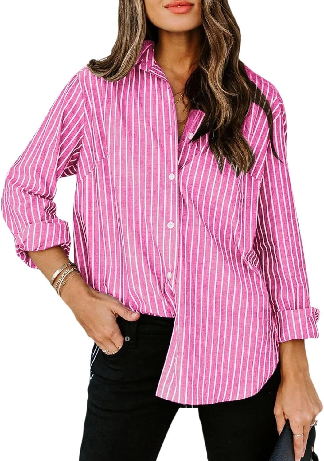 siliteelon Womens Button Down Shirts Cotton Striped Dress Shirt Long Sleeve Collared Office Work Blouses Tops
