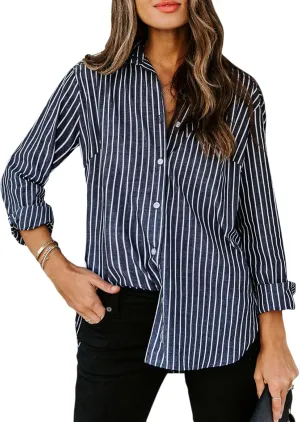 siliteelon Womens Button Down Shirts Cotton Striped Dress Shirt Long Sleeve Collared Office Work Blouses Tops