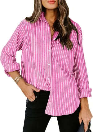siliteelon Womens Button Down Shirts Cotton Striped Dress Shirt Long Sleeve Collared Office Work Blouses Tops