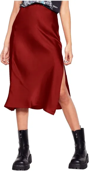 Slit Skirt for Women Soild Silk Satin Midi Skirt High Waisted Elasticized Waistband A-Line Skirt Elegant Swing Cocktail Skirt