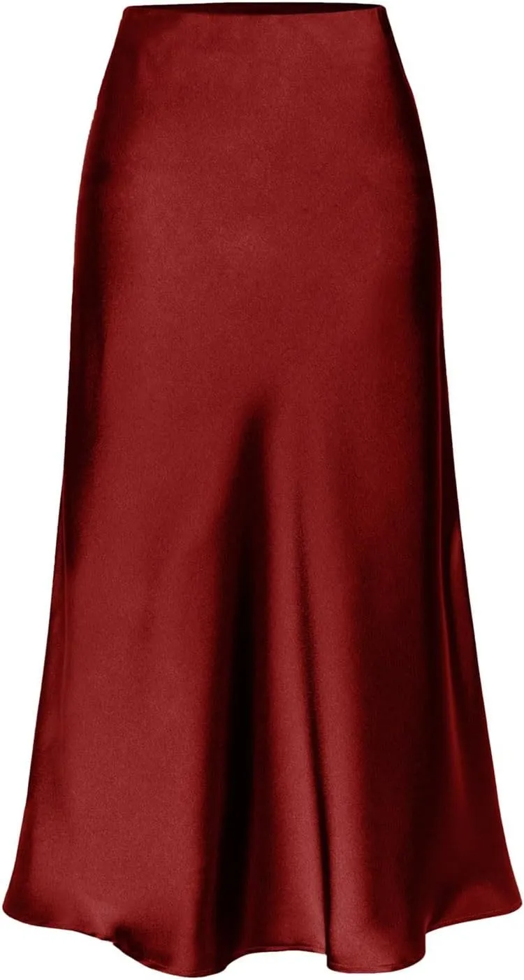 Slit Skirt for Women Soild Silk Satin Midi Skirt High Waisted Elasticized Waistband A-Line Skirt Elegant Swing Cocktail Skirt