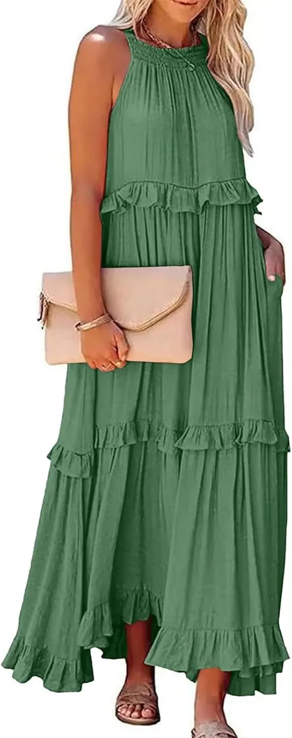 Smocked Dress Women Summer Sleeveless Tank Sundress Halter Tie Back Loose Flowy Ruffle Maxi Dresses with Pockets