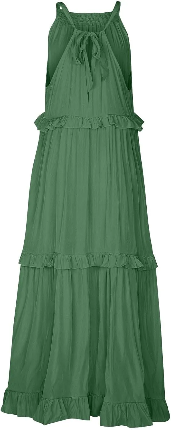 Smocked Dress Women Summer Sleeveless Tank Sundress Halter Tie Back Loose Flowy Ruffle Maxi Dresses with Pockets