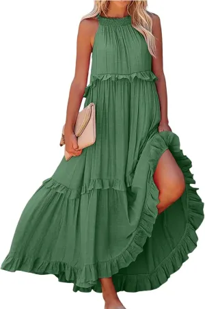 Smocked Dress Women Summer Sleeveless Tank Sundress Halter Tie Back Loose Flowy Ruffle Maxi Dresses with Pockets