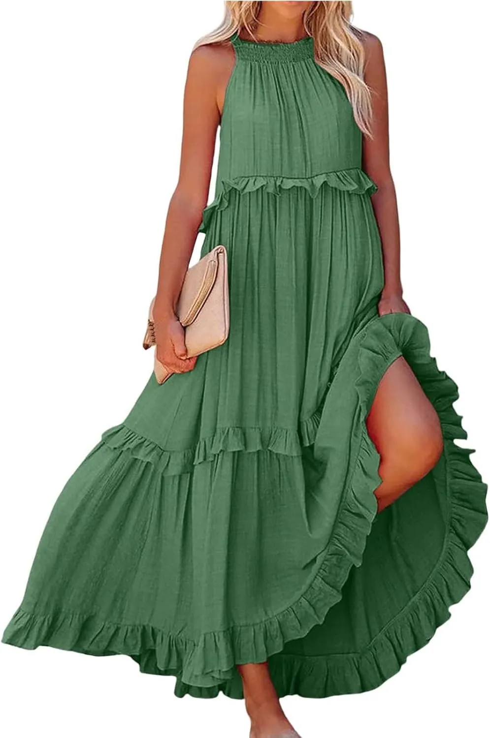 Smocked Dress Women Summer Sleeveless Tank Sundress Halter Tie Back Loose Flowy Ruffle Maxi Dresses with Pockets