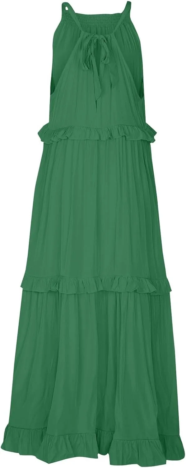 Smocked Dress Women Summer Sleeveless Tank Sundress Halter Tie Back Loose Flowy Ruffle Maxi Dresses with Pockets