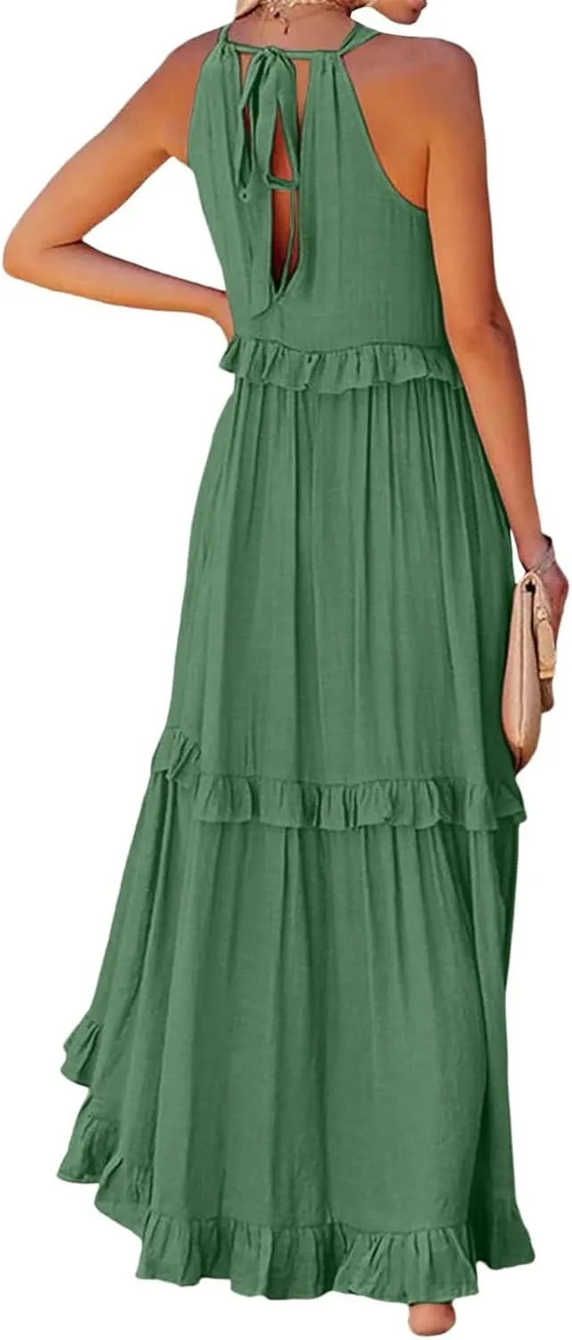Smocked Dress Women Summer Sleeveless Tank Sundress Halter Tie Back Loose Flowy Ruffle Maxi Dresses with Pockets